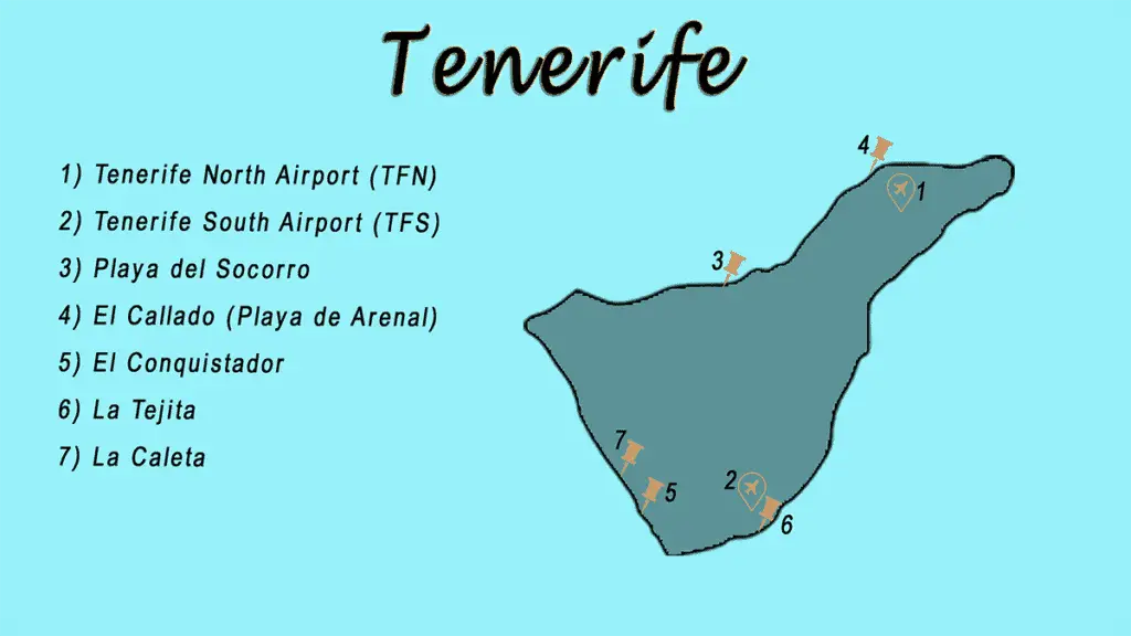 Kart over surfesteder på Tenerife